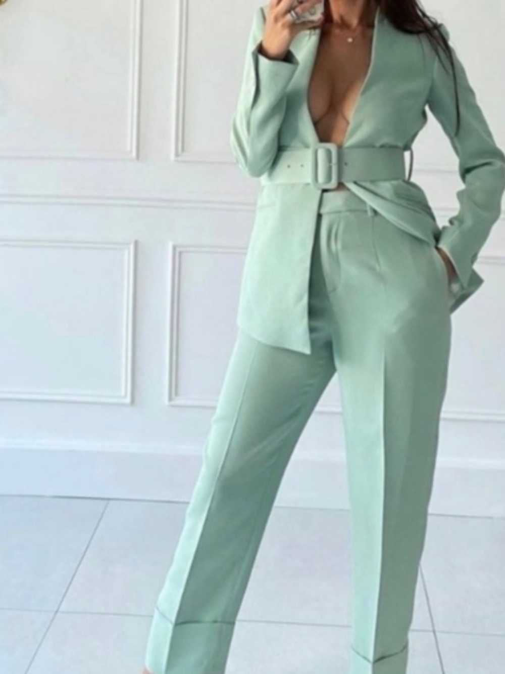 Zara Lapelless Mint Green Belted Blazer Blogger’s Favorite Size S MSRP $128 - Picture 4 of 11